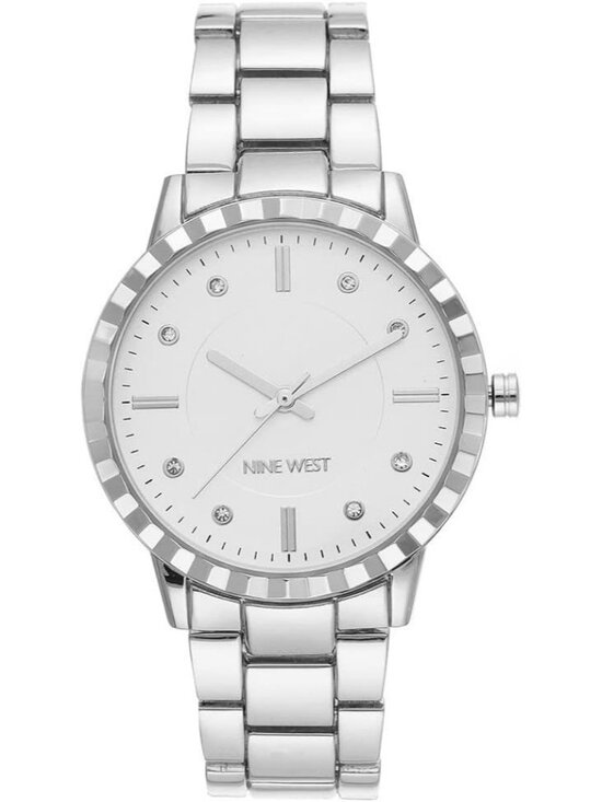 Nine West Women\'s Silver Analog Quartz Crystal Accented Round Bracelet Watch